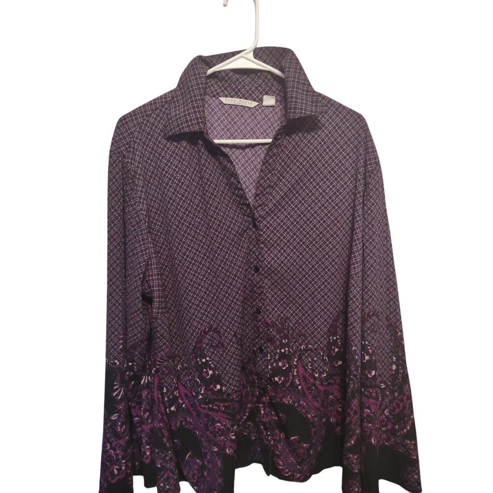 Fred David Women Purple Floral Button Up Blouse 1X Bohemian Casual